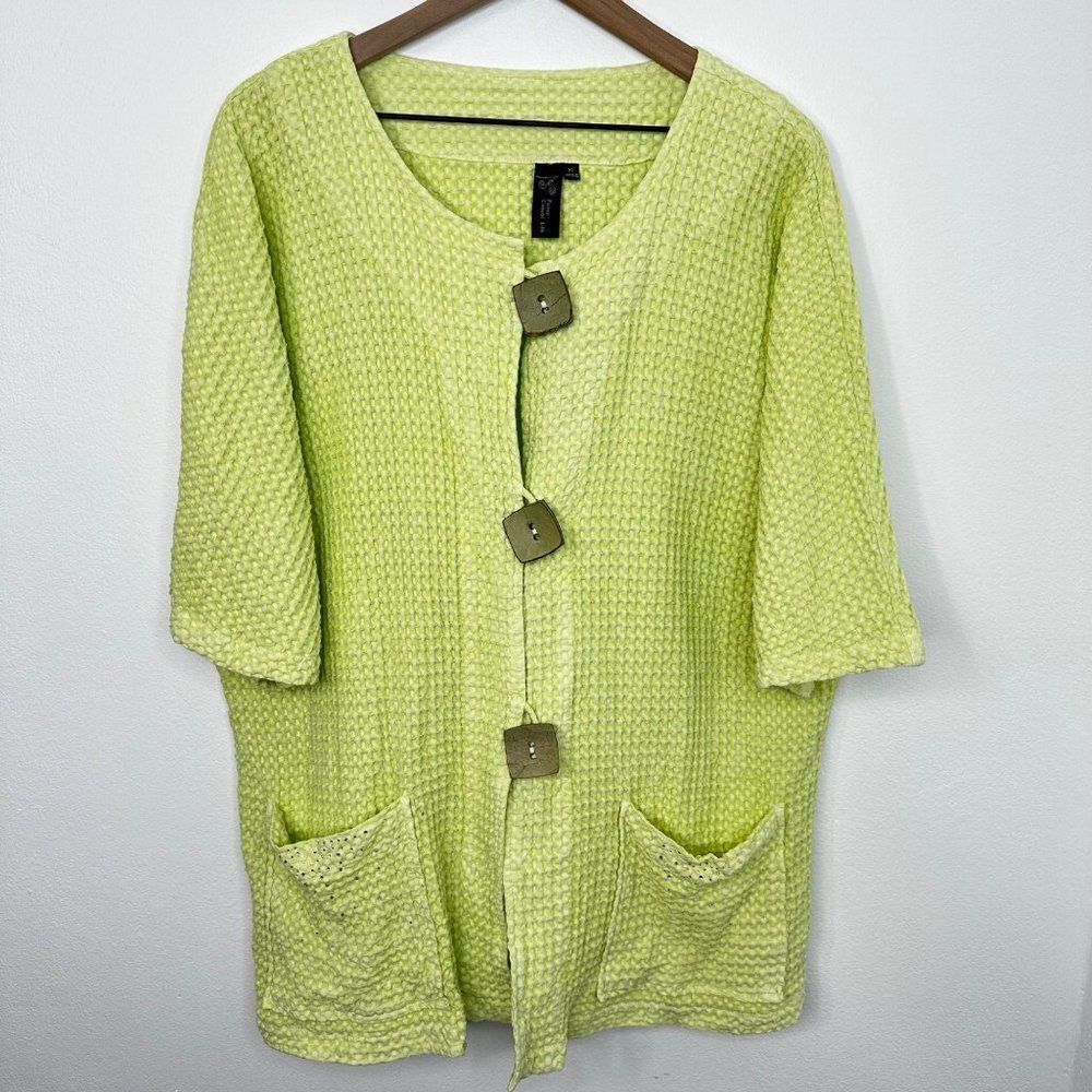 Focus Casual Lite Waffle Knit Button Up Cardigan Women Size XL Lime Green Pocket